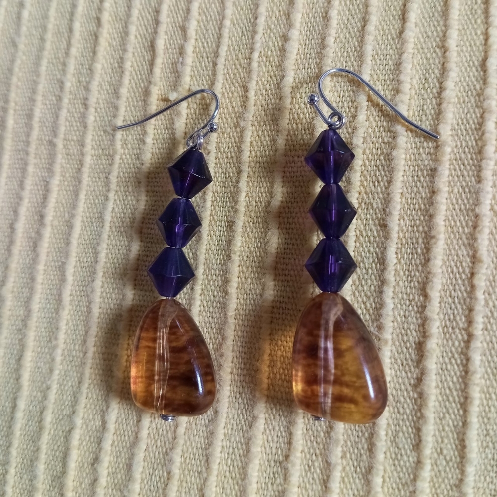 Purple crystal boho tribal drop statement earrings fall hand crafted